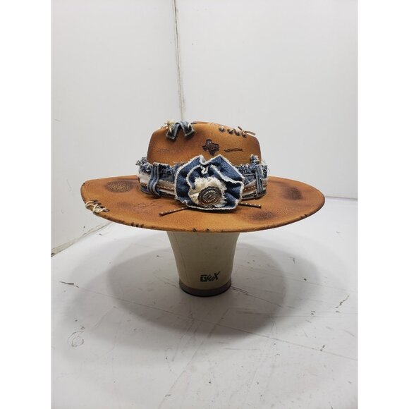 Distressed Western Cowgirl Hat W/ Denim Trim & Custom Stitching Boho Look